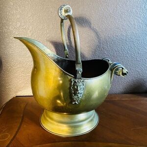 Vintage Brass Pot with Porcelain Handles. Brass Fireplace Hearth Bucket.Planter.